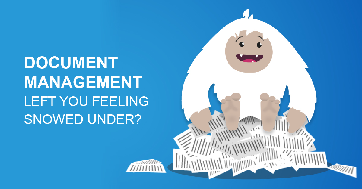 document management left you feeling snowed under? white yeti sitting on pile of paperwork